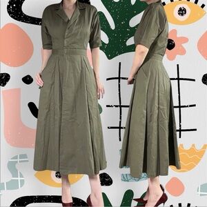 Vintage✨ | R•T•W Ready To Wind-Down | Olive Green Thick Cotton Midi Shirt Dress